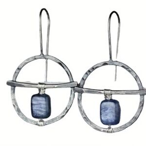 NWT! Bohemian Hammered Silver Tone Metal Pierced Dangle Earrings with Blue Bead!